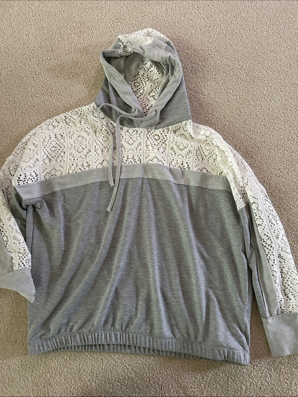 Coco + Carmen Gray and White Lace-Trim Hooded Sweater